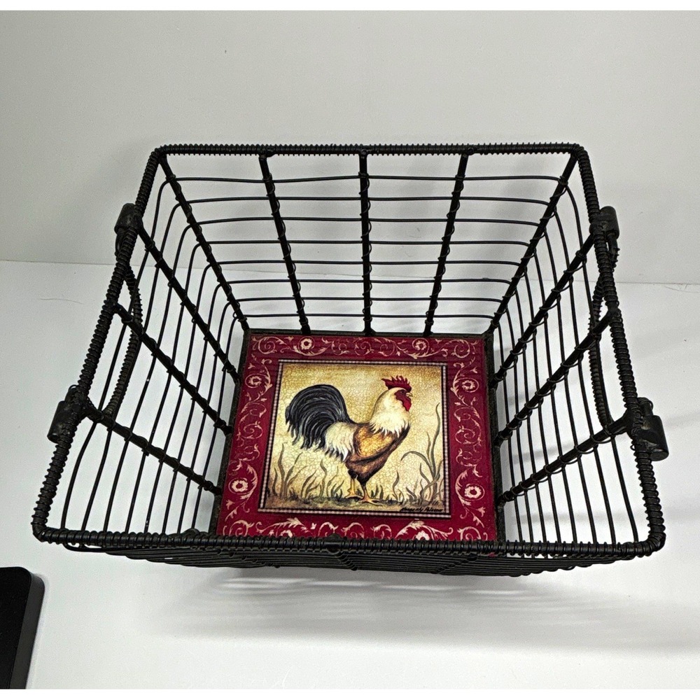 Black Metal Wire Basket w/ Handles Rooster Trivet Insert, Rectangular 9x9x5 in